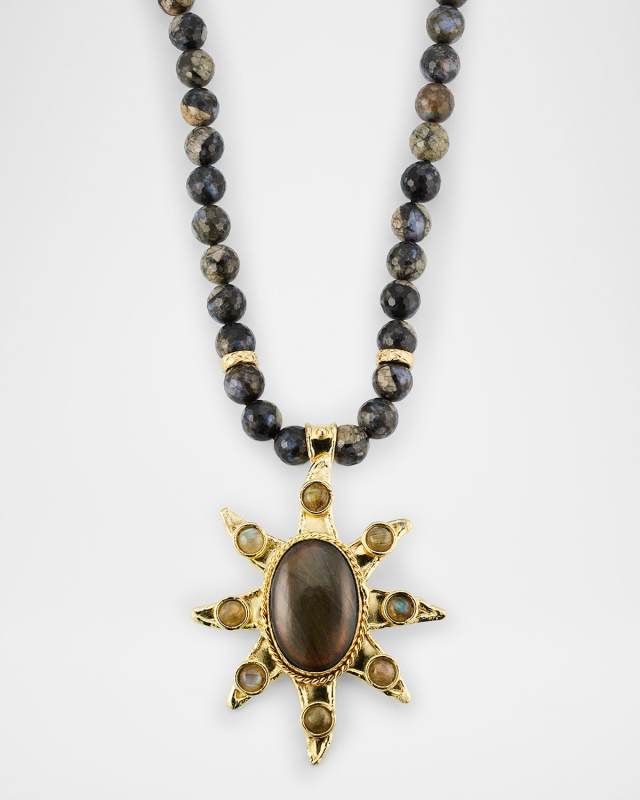 Gray Agate Beaded Necklace with a Labradorite Pendant